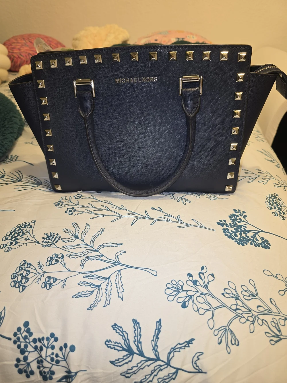 Michael Kors Navy Saffiano Studded Satchel